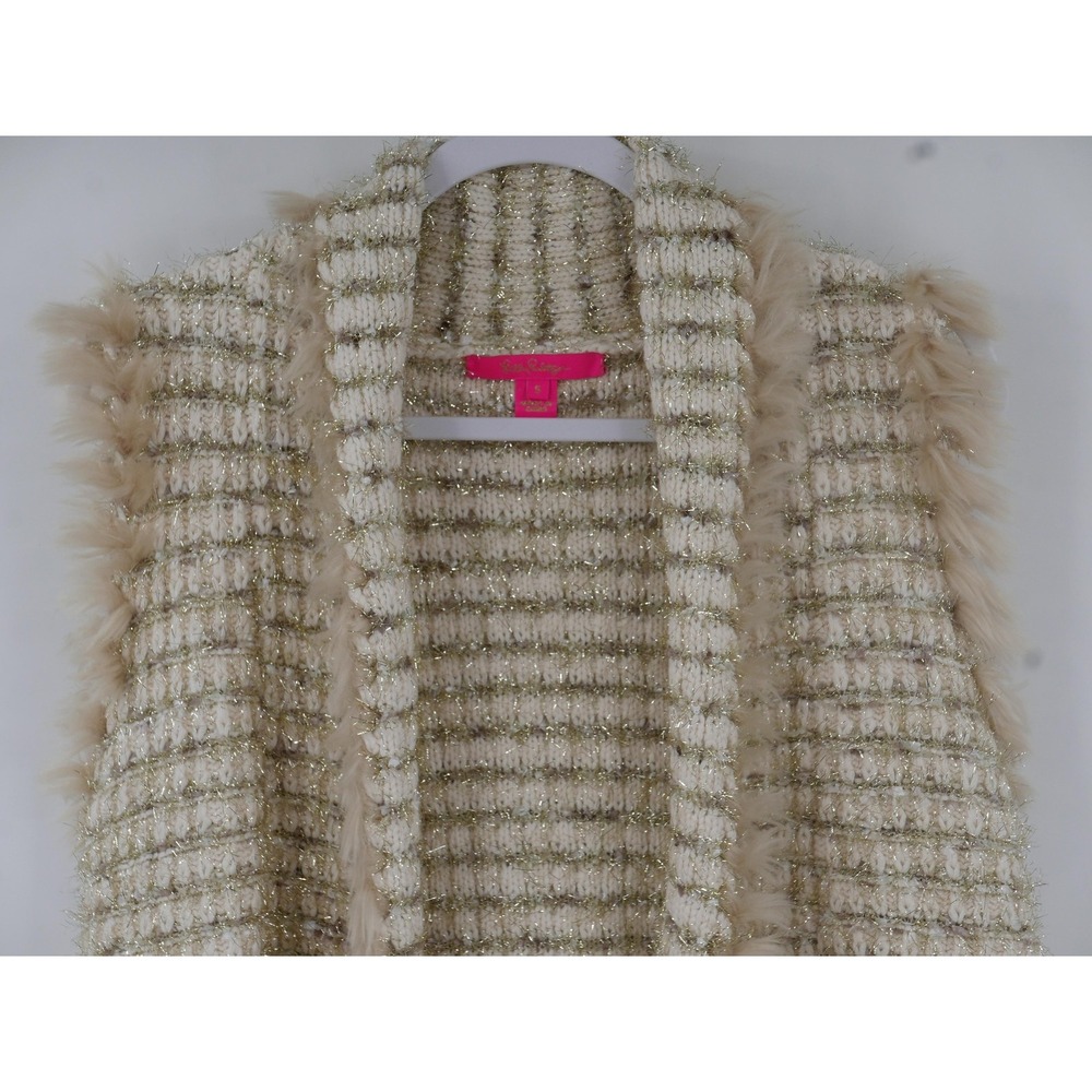 Lilly Pulitzer Vest Womens Small Beige Metallic Knit Faux Fur Trim Open Tweed